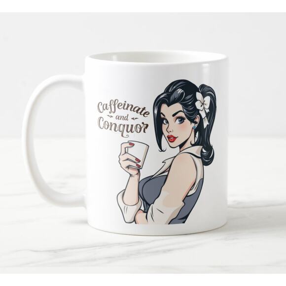 Caffeinate and Conquor Retro Pinup Girl Coffee Mug - Picture 1 of 4